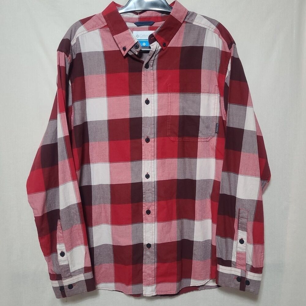 Columbia Button Down Shirt Mens Size Large Long Sleeve Red White Gingham Check